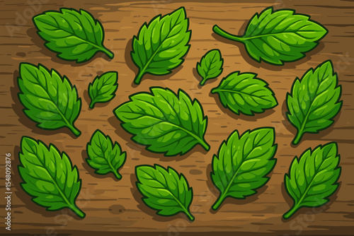 Fresh Green Mint Leaves Collection on Rustic Wooden Cutting Board, Hand Drawn Vector Illustration, Herbal Culinary Ingredient, Botanical Kitchen Decor, Natural Food Design Elements