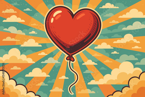 Retro heart balloon in vibrant sky. Cartoon vector illustration of red heart-shaped balloon floating among clouds and sunbeams. Vintage pop art style romantic love celebration background.