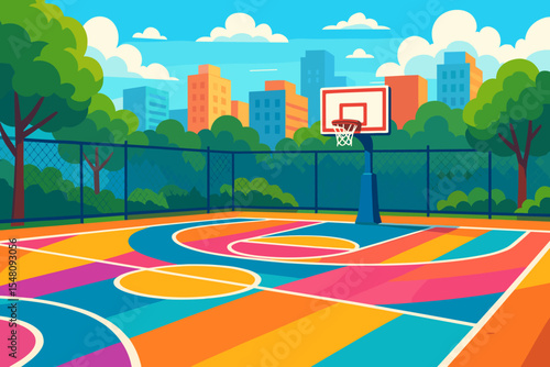 Colorful Urban Outdoor Basketball Court Vector, Vibrant Playground in City Park, Modern Recreation Area, Multicolored Sports Field, Summer Cartoon Landscape with Trees, Buildings, Blue Sky