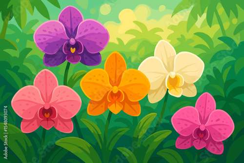 Colorful Orchid Flowers in Tropical Garden. Vibrant Pink, Purple, Yellow, White Blossoms. Exotic Botanical Nature Scene. Cartoon Vector Floral Illustration. Jungle Plants, Spring Blooms, Lush Greenery