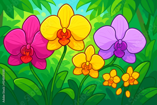 Tropical Orchid Flowers Blooming in Lush Garden, Colorful Cartoon Vector Illustration of Vibrant Yellow, Pink, and Purple Phalaenopsis Blossoms Among Green Leaves, Spring Nature Concept