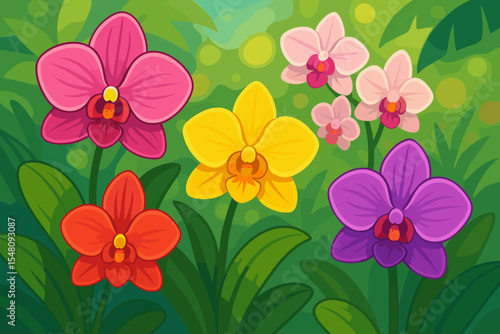 Colorful Orchid Flowers Blooming in Tropical Garden. Vibrant Cartoon Vector Illustration with Pink, Yellow, Red, Purple Exotic Blossoms and Lush Green Foliage. Nature Botanical Background