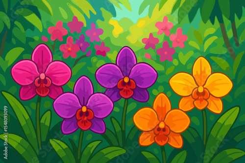 Colorful Orchid Flowers in Bloom, Tropical Jungle Garden, Bright Cartoon Vector Illustration, Vibrant Pink Purple Orange Blossoms with Lush Greenery, Nature Botany Floral Background