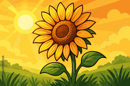 Bright yellow sunflower in morning sunlight. Summer landscape with cartoon sunflower and green leaves. Warm sunny sky, rolling hills, vibrant floral field, nature background. Vector illustration