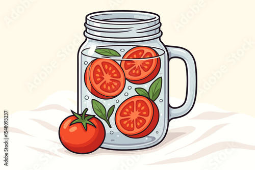 Refreshing Tomato Infused Water in Clear Glass Jar with Fresh Slices and Green Leaves, Summer Detox Drink, Healthy Beverage Concept, Vector Cartoon Illustration