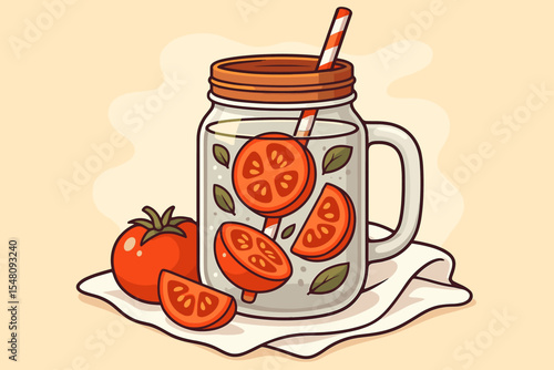 Refreshing tomato infused water in a mason jar. Healthy summer detox drink with fresh vegetable slices and basil. Vegan beverage concept. Vector cartoon illustration for menu.