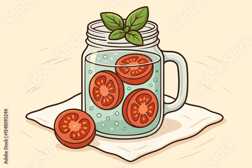Refreshing tomato and basil infused water in a glass mason jar mug. Healthy detox drink for summer. Vector cartoon illustration for a recipe or menu. Fresh organic beverage concept.