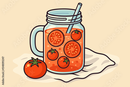Fresh tomato juice smoothie in glass mason jar with straw. Healthy organic vegetable detox drink vector illustration. Refreshing cartoon concept for a summer menu or recipe.