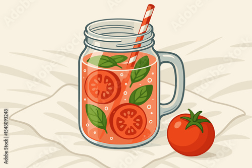 Refreshing tomato juice in a glass mason jar with basil leaves and a straw. Healthy vegetarian smoothie, detox infused water. Fresh summer drink concept vector cartoon illustration.