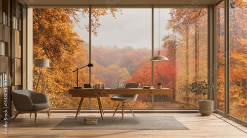Stunning Zoom Background Featuring Autumn Office Scene, Online Presentation or Backdrop