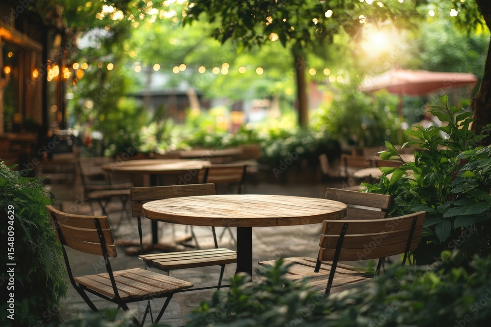 Beautiful summer terrace of a cozy outdoor restaurant with empty tables and chairs, blending rustic and modern design, surrounded by garden plants. Urban relaxation and cafe lifestyle concepts. Beautiful summer terrace of a cozy outdoor restaurant with empty tables and chairs, blending rustic and modern design, surrounded by garden plants. Urban relaxation and cafe lifestyle concepts.