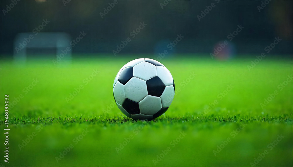 Obraz premium A soccer ball on a green grass field, the ball is white with black pentagons, in a soccer field