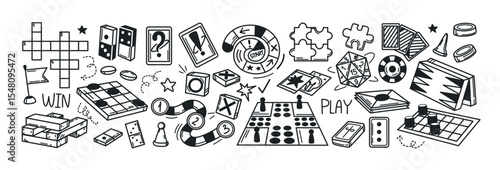 Board games doodle set. Hand drawn vector illustration sketch icons of cards, dice or pawns. Poker, checkers, roulette, jenga, domino, lotto and billiards gambling line symbols. Family leisure concept