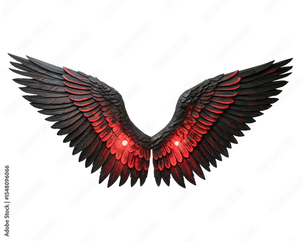 Naklejka premium Wings of a fallen angel icon, tattered feathers with glowing red and black contrasts. isolated on a transparent background