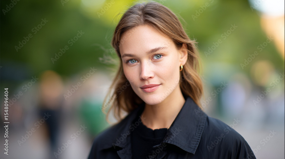 Portrait of a young woman in an urban setting with lively background, capturing the essence of modern beauty and serene confidence Portrait of a young woman in an urban setting with lively background, capturing the essence of modern beauty and serene confidence