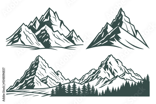 Magnificent Mountain Peaks and Forest Landscape Illustrations Set