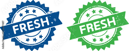 Two fresh stamps in blue and green colors with star and circle design elements