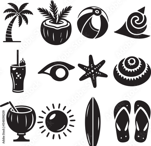 Black and White Vector Silhouette Set of Summer Holiday Beach Elements Including Umbrella Palm Tree Flip Flops and Surfboard for Vacation and Travel Themed Designs