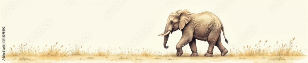 Obraz premium Small elephant calf walks, delicate pencil sketch style, grey, innocence, fine art