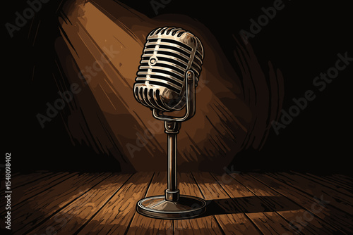 Classic condenser microphone on a wooden stage floor under a dramatic spotlight. Retro audio equipment for performance, stand up comedy, concert, podcasting, or radio show.