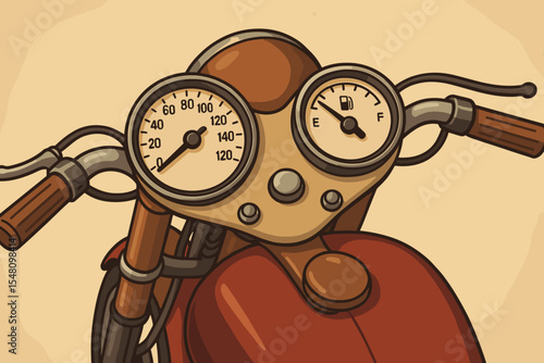 Vintage motorcycle dashboard with speed and fuel gauges. Close up of classic motorbike handlebars and retro instrument panel. Biker culture and road trip cartoon vector illustration.