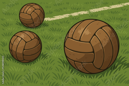 Vintage soccer balls on a green grass field. Retro footballs on a pitch with white sideline. Classic sport equipment for game or championship. Vector cartoon illustration of historic football.
