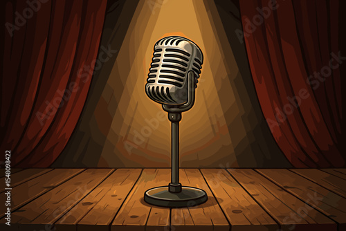 Retro microphone in the spotlight on a theater stage. Vintage mic on a rustic wooden floor with red curtains. Concept for performance, concert, or stand-up comedy show. Vector.