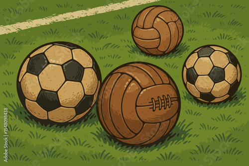 Vintage soccer balls and retro leather footballs on a green grass pitch. Historic sports equipment for a game, match or championship. Classic cartoon vector illustration background.