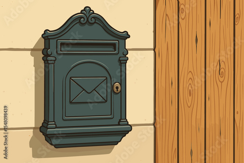 Vintage metal mailbox mounted on a house wall next to a wooden fence background. Antique postbox for letters, mail delivery and correspondence. Communication concept vector.