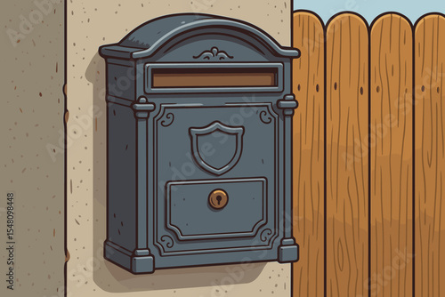 Vintage metal mailbox on a concrete wall beside a wooden fence. Retro classic postbox with lock for secure mail delivery. Old-fashioned letterbox for correspondence and post.
