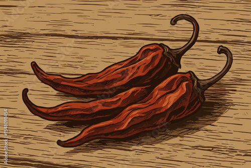 Dried red chili peppers on a rustic wooden table. Vintage woodcut style vector illustration. Spicy food concept with hot cayenne pods. Still life for culinary design.