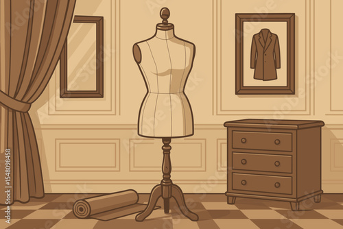 Vintage tailor's workshop interior with a classic dress form mannequin. Retro sewing and dressmaking atelier concept. Old-fashioned fashion design room with antique furniture.