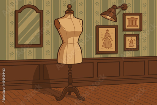 Vintage tailor's mannequin in a classic showroom. Dress form dummy for fashion design, sewing, and dressmaking. Retro style atelier or workshop interior vector illustration.