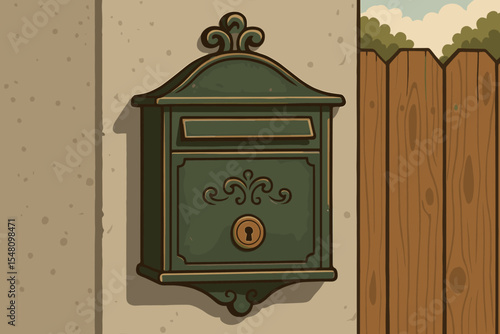 Vintage style green mailbox on a concrete wall next to a wooden fence. Classic retro letterbox for mail and correspondence. Ornate postbox with lock. Vector cartoon illustration.