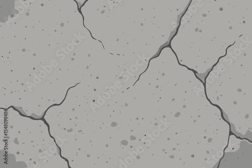 Cracked concrete wall texture background. Grey grunge stone surface with cracks and damage. Vector cartoon illustration of an old weathered cement backdrop. Porous rock pattern.
