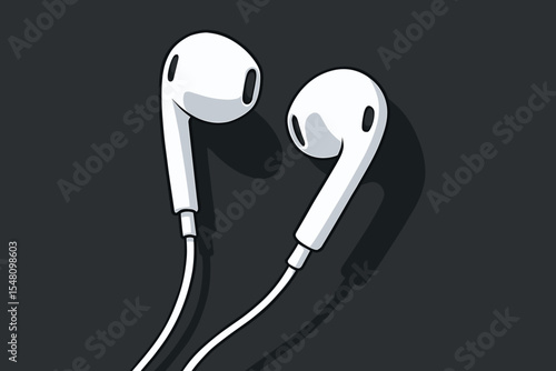 White minimalist earphones vector cartoon illustration. Modern wired earbuds for listening to music or podcasts. Digital audio gadget and sound technology accessory on dark background.