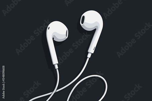 White wired earphones on a dark background. Minimalist vector illustration of a modern audio gadget. Concept for music, podcast, listening, and portable sound technology accessory.