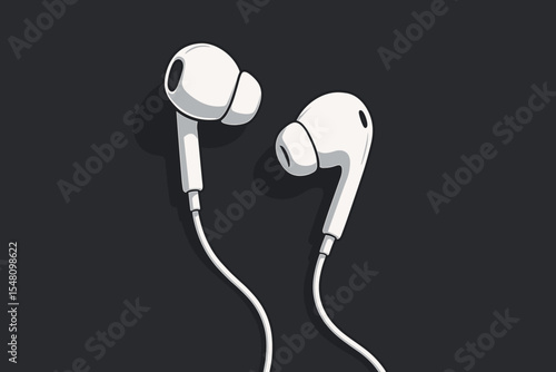 Modern white wired earphones vector illustration. Minimalist earbuds isolated on a dark background. Headset accessory for listening to music, audio, or podcasts. Sound technology gadget.