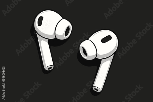 Modern white wireless earphones on a black textured surface. Vector cartoon illustration of a sleek audio gadget for listening to music. Portable technology and sound device concept.