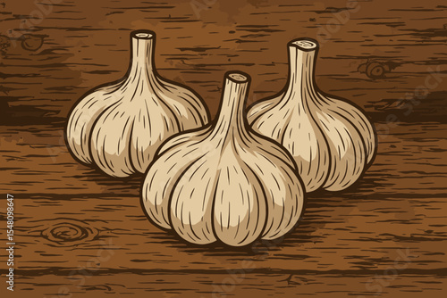 Rustic garlic illustration with whole bulbs on an aged wooden surface. Vintage vector art in a hand-drawn, woodcut style. Concept for cooking, seasoning, farm fresh produce, and organic ingredients.