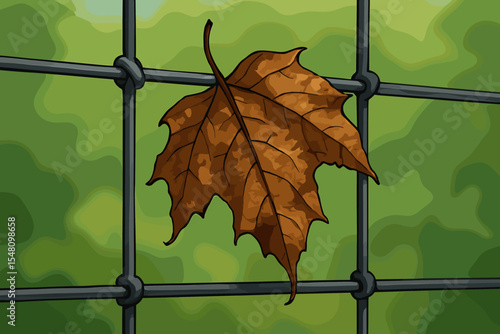 Withered brown maple leaf caught on a dark wire fence, contrasting with blurred natural green background. Autumn fall season concept vector cartoon illustration.