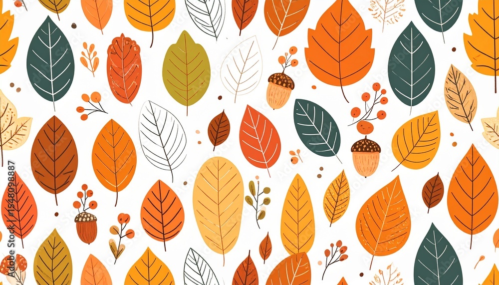 Seamless Autumn Leaf Pattern with Acorns and Berries in Warm Fall Colors Seamless Autumn Leaf Pattern with Acorns and Berries in Warm Fall Colors