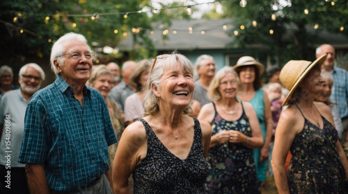 An outdoor backyard retirement celebration with older adults laughing, dancing, and sharing memories 