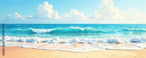 Soft watercolor wash depicting a sunny beach scene with gentle waves , digital, photo