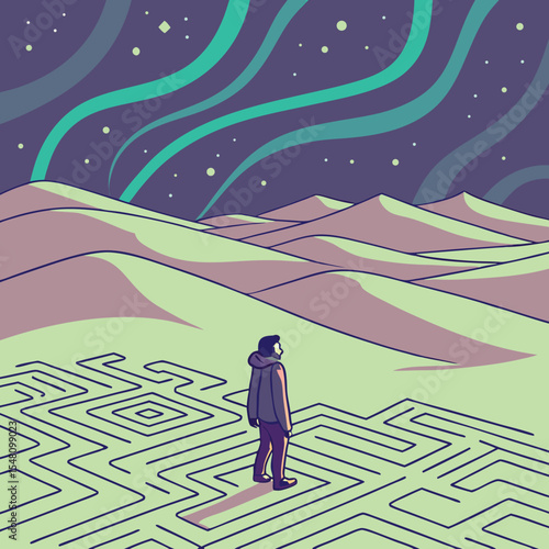 Desert landscape design featuring a lone traveler under a vibrant aurora borealis