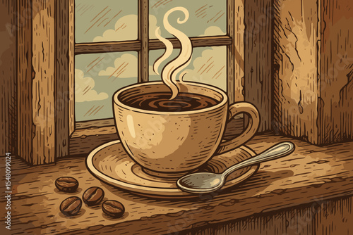 Vintage coffee cup with steam on a rustic wooden windowsill. Retro hand-drawn vector illustration. Cozy morning scene with hot beverage, spoon, and beans by an old window.