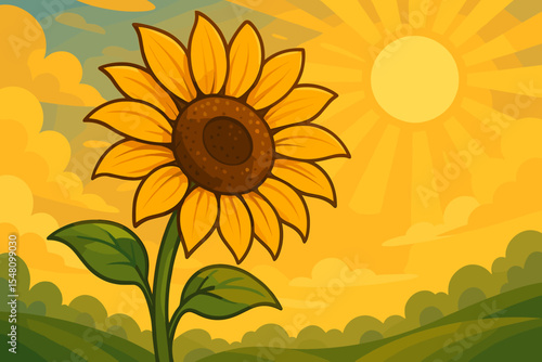 Cheerful sunflower cartoon vector illustration basking in warm morning sunlight. Vibrant yellow flower on a summer nature landscape with green hills, sun, and clouds in the sky.