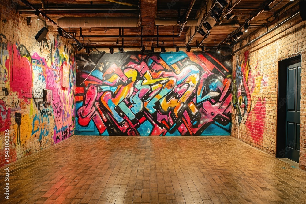 Fototapeta premium Colorful graffiti art fills a brick-walled space