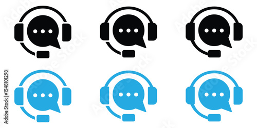 Customer Support and Live Chat Icons – Headset, Speech Bubble, and Call Center Symbols