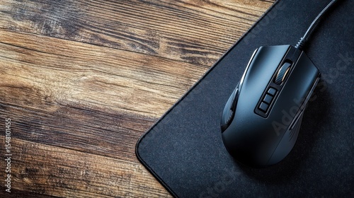 Dark gray computer mouse on wooden desk